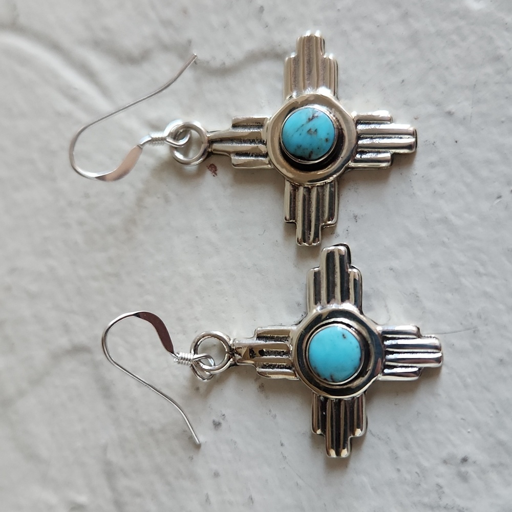 NWOT Native American Navajo Turquoise & Sterling Zia Sun Dangle Earrings 🩵🌞🩶 - Picture 11 of 11